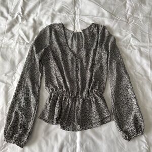 Black And White Animal Print Button Detail Peplum Blouse